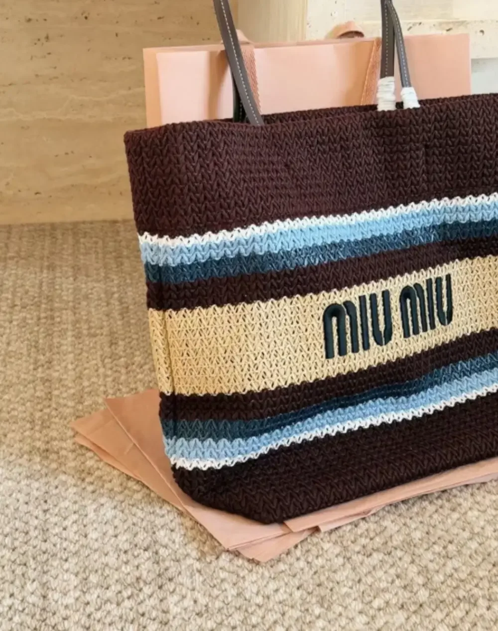 Miu Miu Brown Crochet Stripe Tote Bag